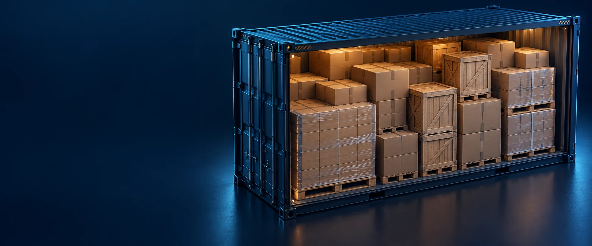 Concept illustration of mixed-size boxed cargo arranged inside a sea container