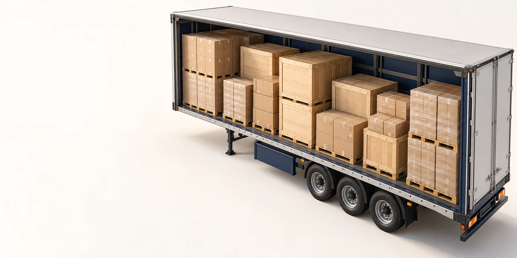 Concept illustration of cartons, crates and palletised cargo arranged in a road trailer